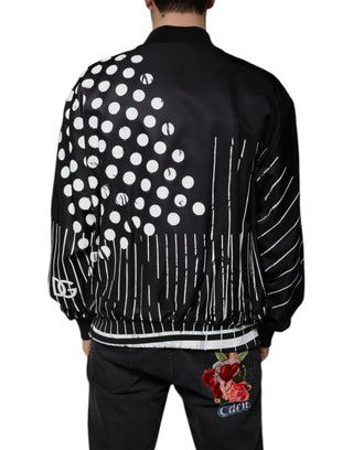 Black Polka Dot Stripe Nylon Bomber Jacket