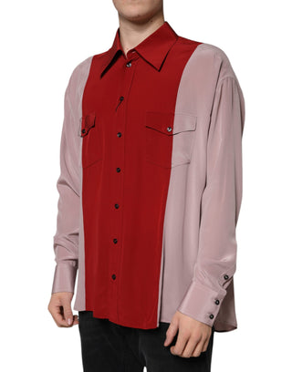 Red Pink Silk Collared Button Down Shirt