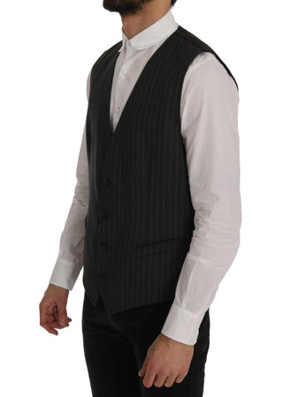 Elegant Striped Gray Wool Blend Waistcoat Vest - Luxury for You