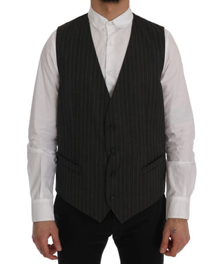 Elegant Striped Gray Wool Blend Waistcoat Vest - Luxury for You