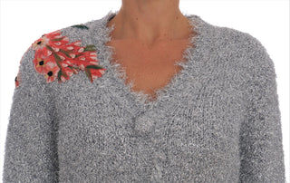 Elegant Silver Floral Applique Cardigan - Luxury for You