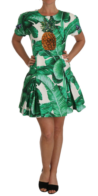 Elegant Green Banana Leaf Print A-line Dress - Luxury for You