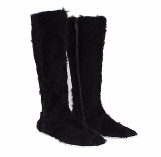 Elegant Black Fur Leather Flat Sneaker Boots - Luxury for You