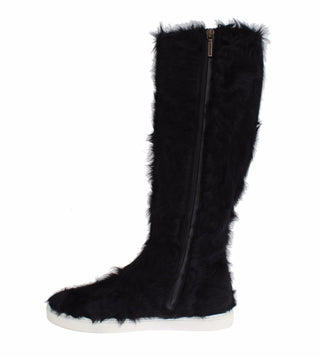 Elegant Black Fur Leather Flat Sneaker Boots - Luxury for You