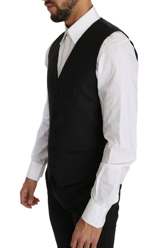 Sleek Black Wool-silk Formal Vest