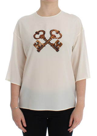 Ivory Sequined Silk Blouse Top - Luxury for You