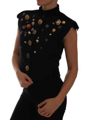 Embellished Black Military Style Vest - Luxury for You