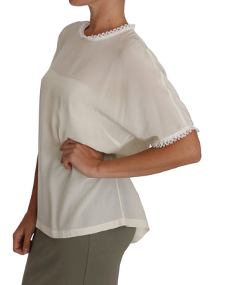 Cream Silk Lace-detailed Blouse Top - Luxury for You