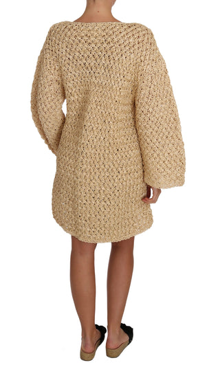 Chic Beige Crochet Knitted Raffia Cardigan - Luxury for You