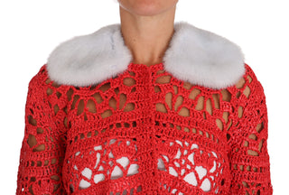 Elegant Red Crochet Knit Cardigan With Fur Collar - Luxury for You