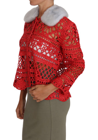 Elegant Red Crochet Knit Cardigan With Fur Collar - Luxury for You