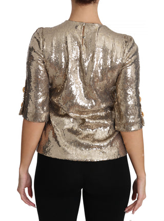 Gold Parrot Motif Crewneck Blouse With Crystals - Luxury for You