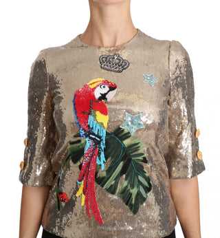 Gold Parrot Motif Crewneck Blouse With Crystals - Luxury for You