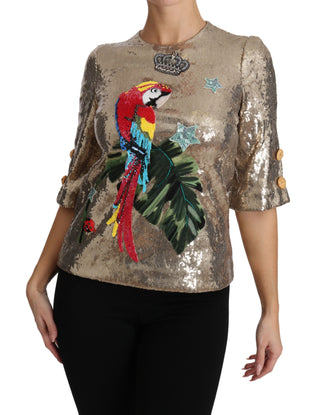 Gold Parrot Motif Crewneck Blouse With Crystals - Luxury for You