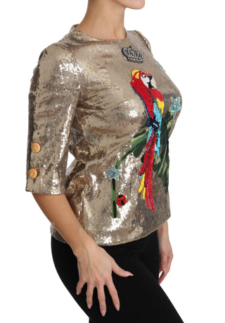 Gold Parrot Motif Crewneck Blouse With Crystals - Luxury for You