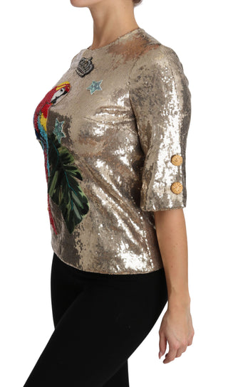 Gold Parrot Motif Crewneck Blouse With Crystals - Luxury for You