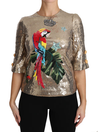 Gold Parrot Motif Crewneck Blouse With Crystals - Luxury for You