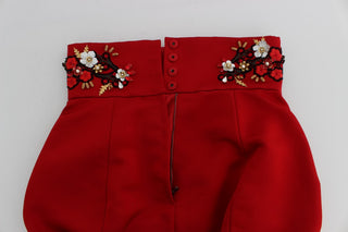 Red Silk Crystal-embellished High Waist Shorts - Luxury for You