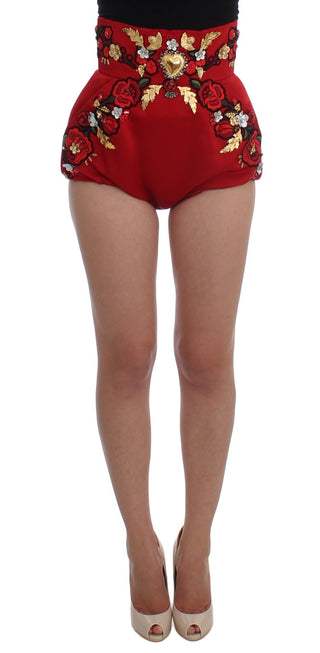 Red Silk Crystal-embellished High Waist Shorts - Luxury for You