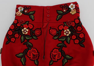 Glamorous Red Silk Floral Embroidered Shorts - Luxury for You