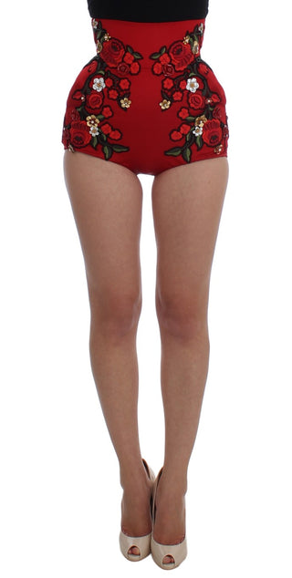 Glamorous Red Silk Floral Embroidered Shorts - Luxury for You