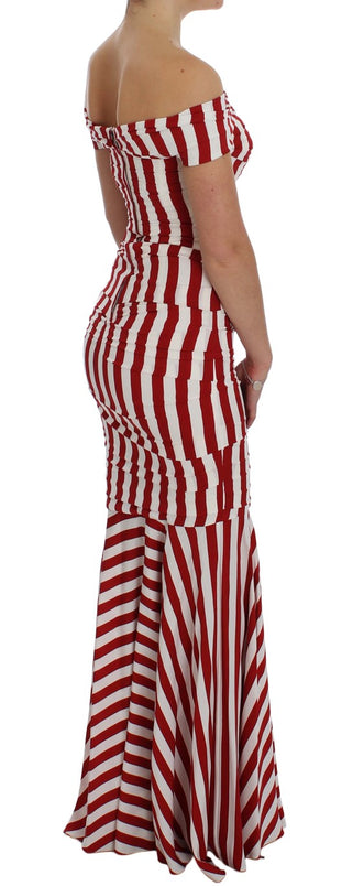 Elegant Red And White Striped Silk Bodycon Dress