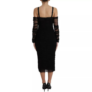 Black Cold Shoulder Stretch Tulle Midi Dress