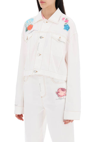 Cropped Denim Jacket With Flower Patches And Embroidery