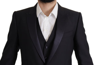 Elegant Black Three-piece Wool Blend Suit