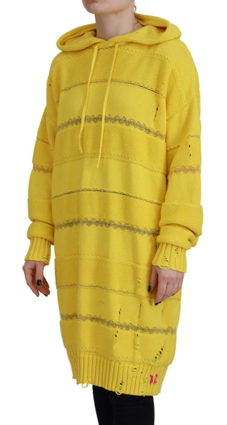 Yellow Cotton Knitted Hooded Pullover Sweater