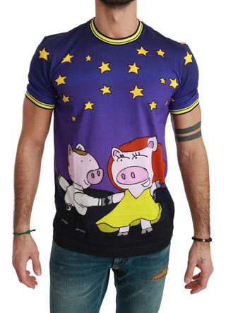 Purple Cotton Round Neck T-shirt With Pig Motif - Luxury for You