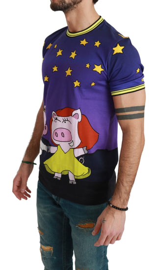 Purple Cotton Round Neck T-shirt With Pig Motif - Luxury for You