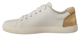 Elegant White Leather Sneakers With Gold Accents