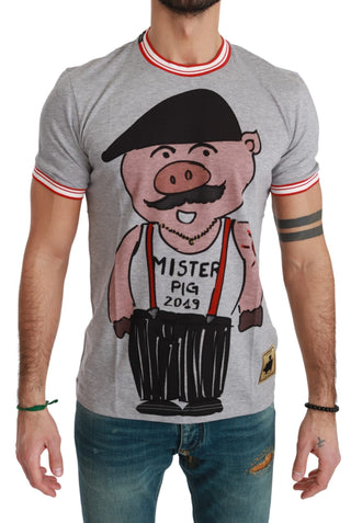 Chic Gray Cotton T-shirt With Year Of The Pig Motive - Luxury for You