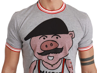 Chic Gray Cotton T-shirt With Year Of The Pig Motive - Luxury for You