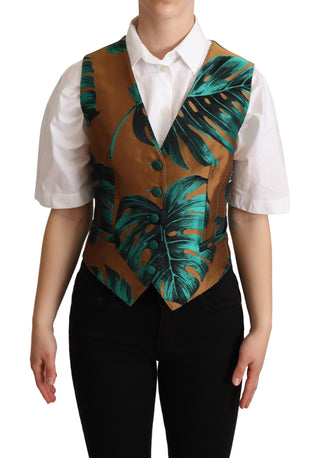 Elegant Green Leaf Print Waistcoat - Luxury for You