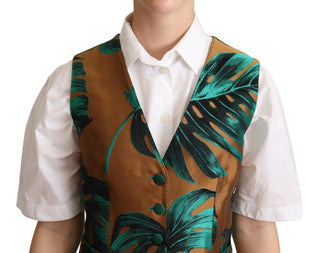 Elegant Green Leaf Print Waistcoat - Luxury for You