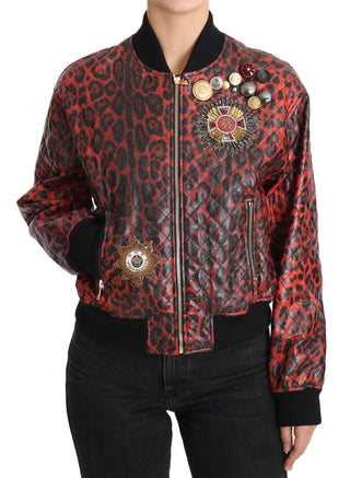 Red Leopard Bomber Leather Jacket With Crystal Buttons - Luxury for You