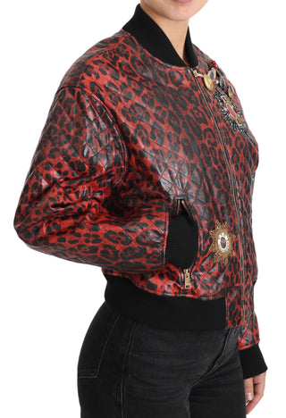 Red Leopard Bomber Leather Jacket With Crystal Buttons - Luxury for You