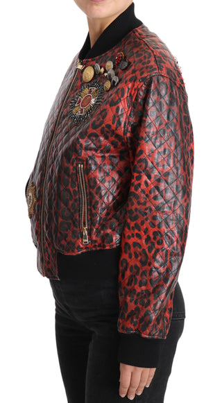 Red Leopard Bomber Leather Jacket With Crystal Buttons - Luxury for You