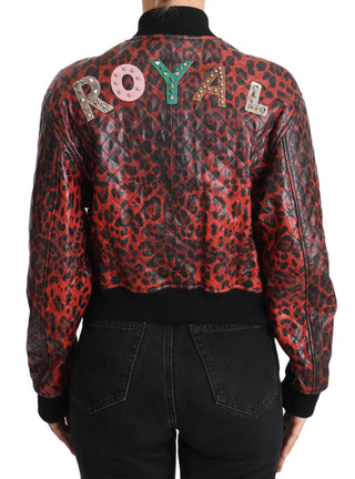 Red Leopard Bomber Leather Jacket With Crystal Buttons - Luxury for You