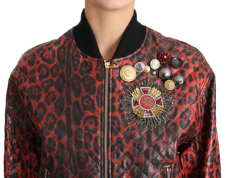 Red Leopard Bomber Leather Jacket With Crystal Buttons - Luxury for You