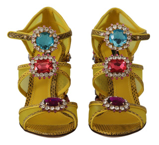 Stunning Crystal-embellished Yellow Leather Sandals