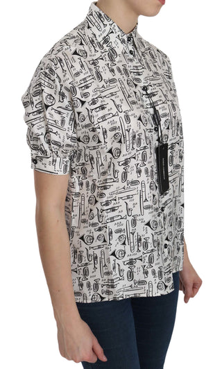 Musical Instrument Print Silk Collared Top - Luxury for You