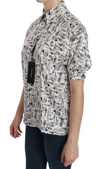 Musical Instrument Print Silk Collared Top - Luxury for You