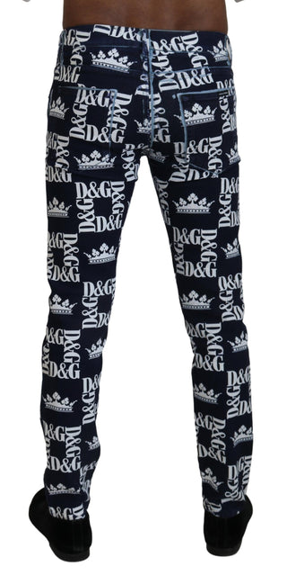 Elegant Crown Print Denim Pants