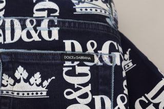 Elegant Crown Print Denim Pants