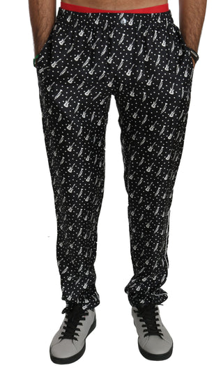 Elegant Black Musical Instrument Print Silk Pants - Luxury for You