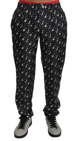 Elegant Black Musical Instrument Print Silk Pants - Luxury for You