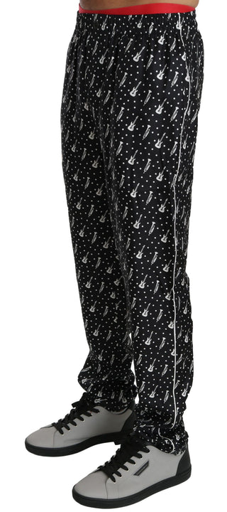 Elegant Black Musical Instrument Print Silk Pants - Luxury for You